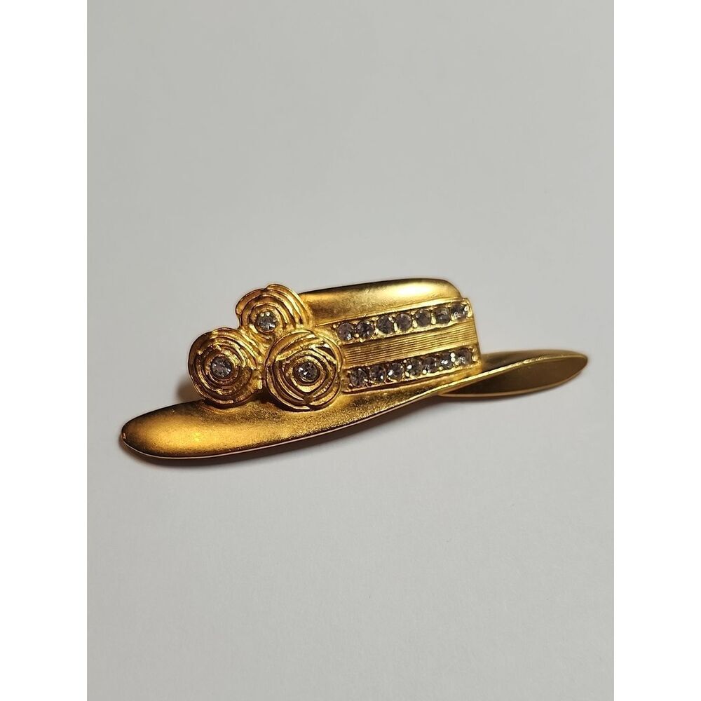 JJ Jonette Goldtone Derby Style Hat Pin Brooch Vintage with Rhinestones